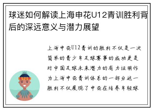 球迷如何解读上海申花U12青训胜利背后的深远意义与潜力展望 球迷如何解读上海申花U12青训胜利背后的深远意义与潜力展望